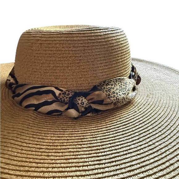 Cappelli Straworld Wide Brim Animal Print Scarf Beaded Sun Hat One Size - Picture 6 of 12